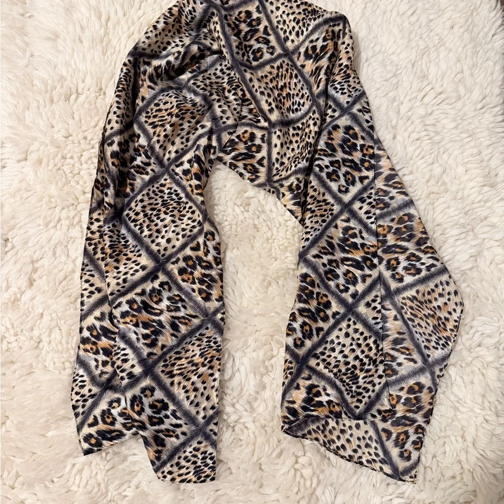 Korean Silk Leopard Print Women's Scarf - Tan Black Cream